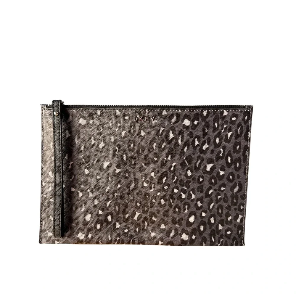 DKNY Leopard Print Wristlet Clutch Purse Bag Black Gray Zipper‎ Small Handbag